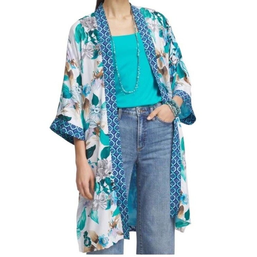 NWT Chico's Island Motif Long Kimono Covering  Ruana Boho Chic Artsy L/XL $149